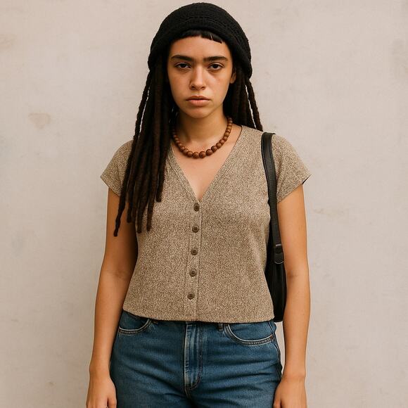 American Vintage Tops - Vintage 90s Beige Speckled Knit Button-Up Top